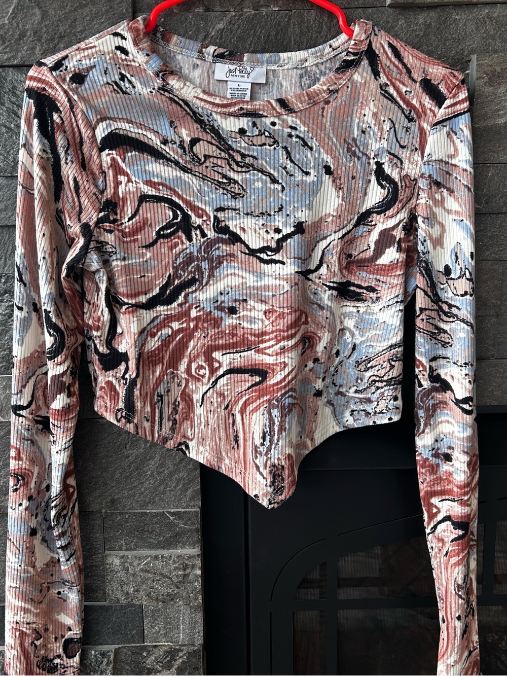 Just Polly Ribbed Marble Print Cropped L/S Top